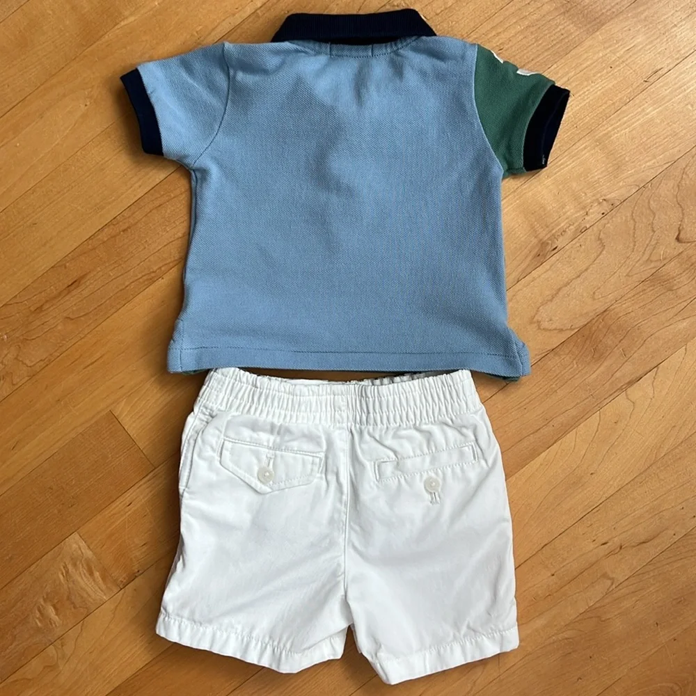 🏇BIG PONY Set | Ralph Lauren Blue & Green Color Block Polo Shirt + White Shorts